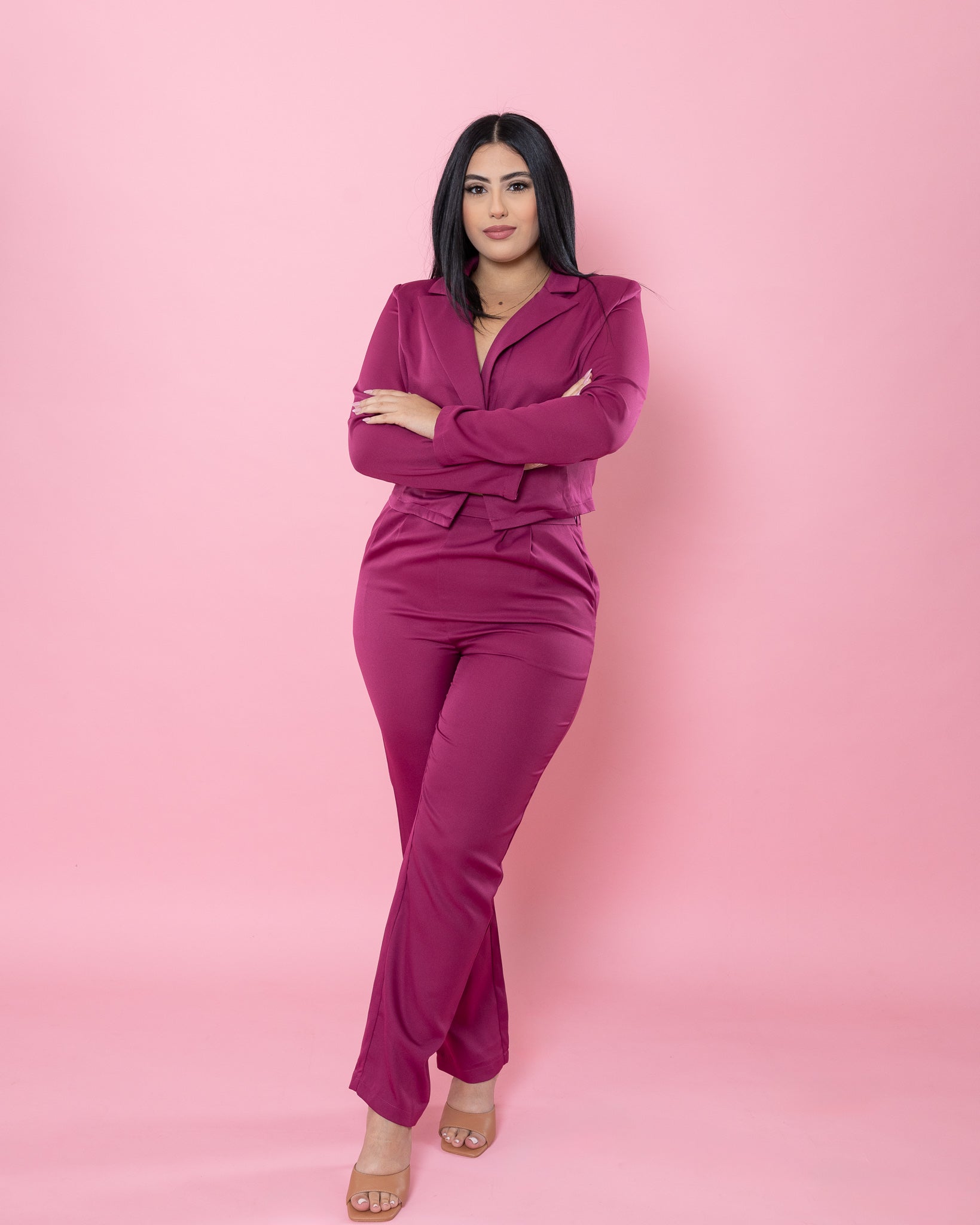 Crop Blazer Set ( Berry)