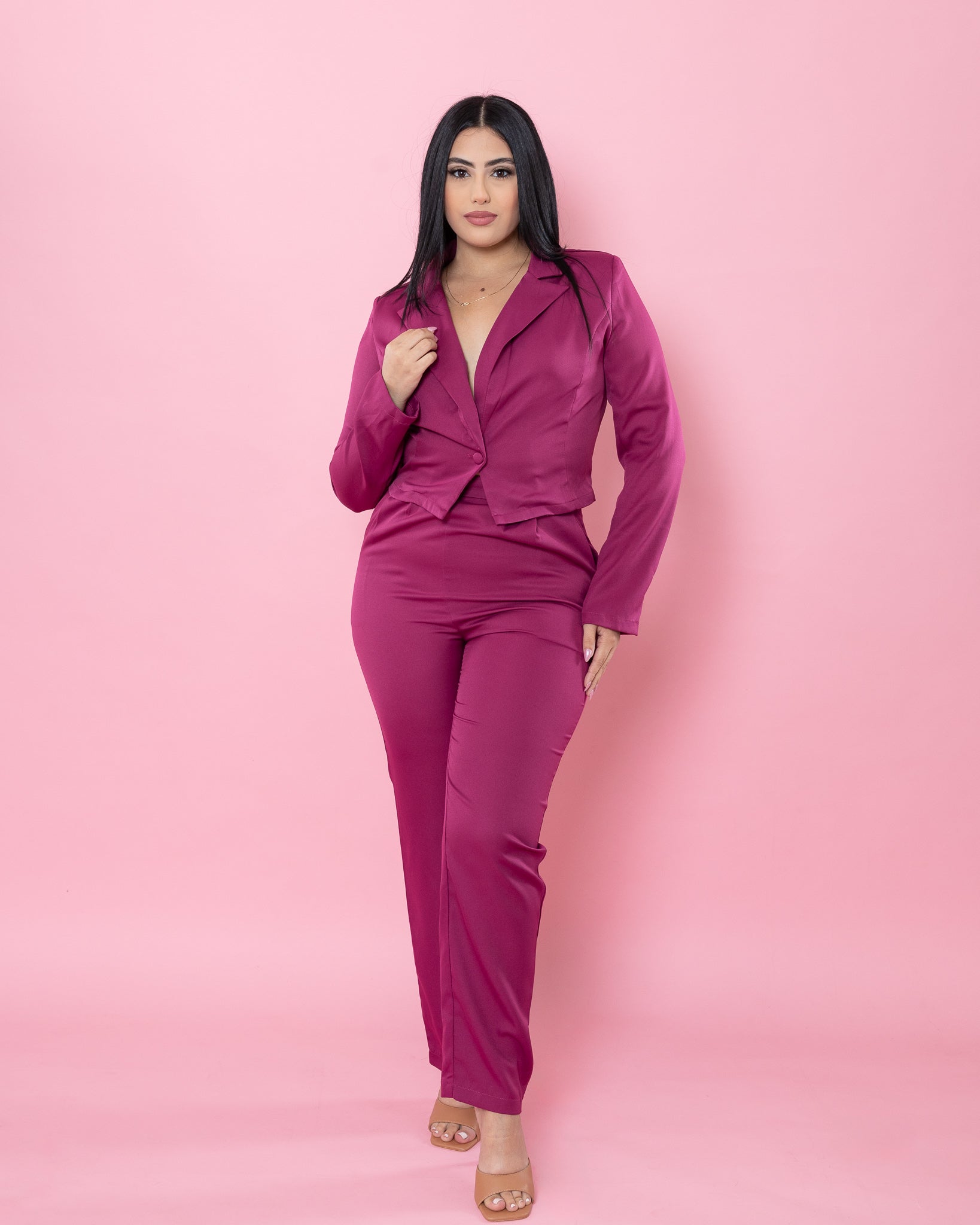 Crop Blazer Set ( Berry)